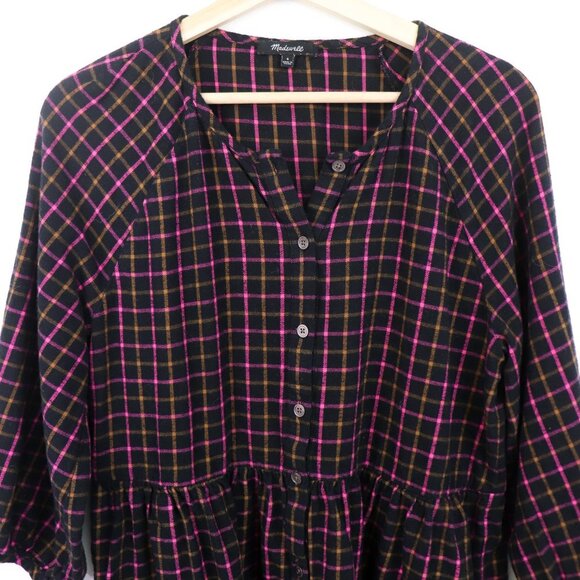 Madewell Plaid Flannel Raglan Button-Front Shirtdress Mini‎ Dress Black Pink 4 - Picture 7 of 9